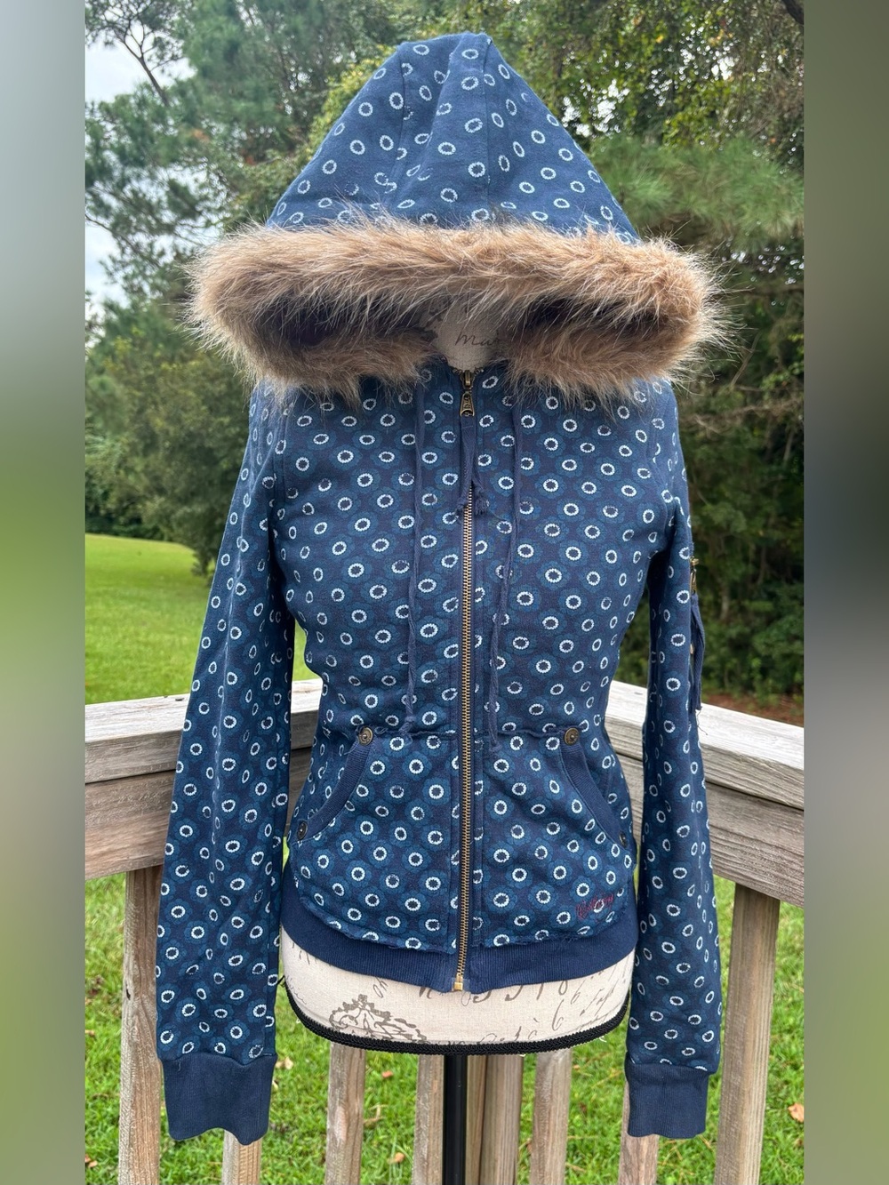 Billabong Navy Patterned Hooded Bomber Jacket with Faux Fur Trim